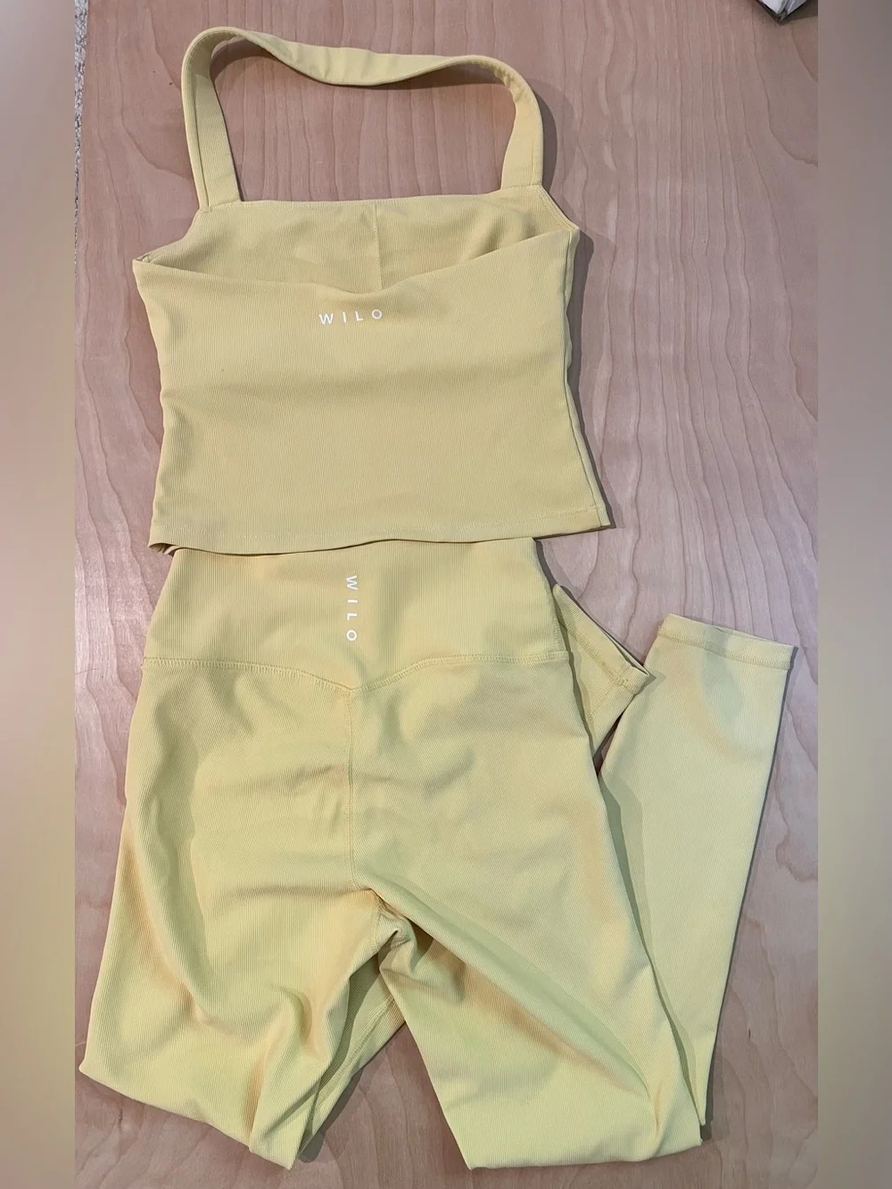 WILO The Label Butter Yellow Ribbed Halter Crop Top and High Waist Leggings Sz S - Picture 2 of 3
